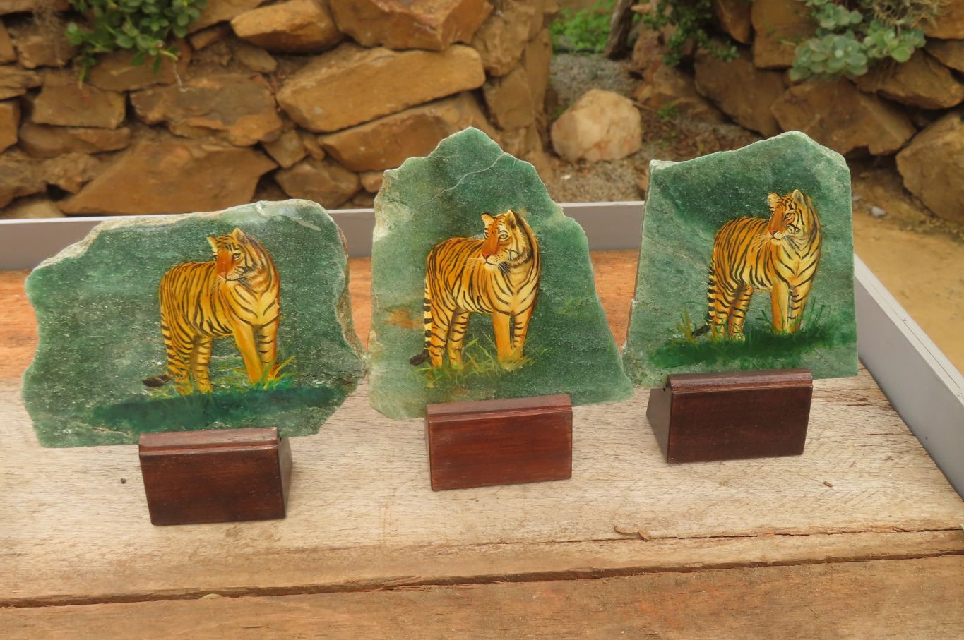 Hand Made Tiger Decoupage on Green Fuchsite Stone Slabs - sold per item - From Zimbabwe - Toprock Gemstones and Minerals 