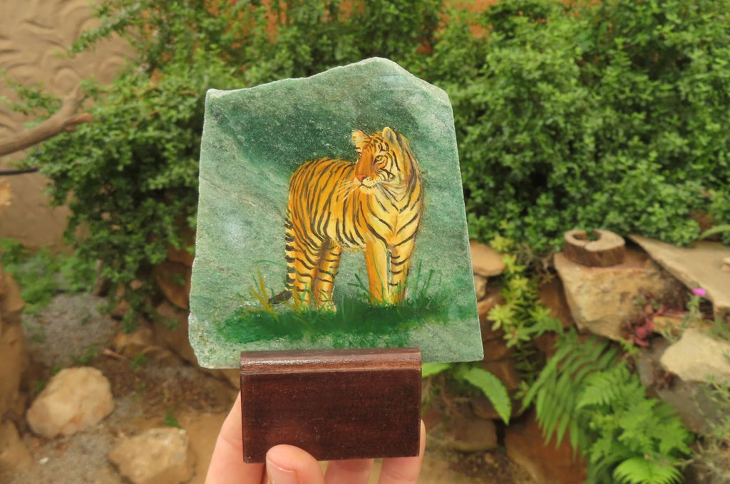 Hand Made Tiger Decoupage on Green Fuchsite Stone Slabs - sold per item - From Zimbabwe - Toprock Gemstones and Minerals 