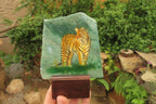 Hand Made Tiger Decoupage on Green Fuchsite Stone Slabs - sold per item - From Zimbabwe - Toprock Gemstones and Minerals 