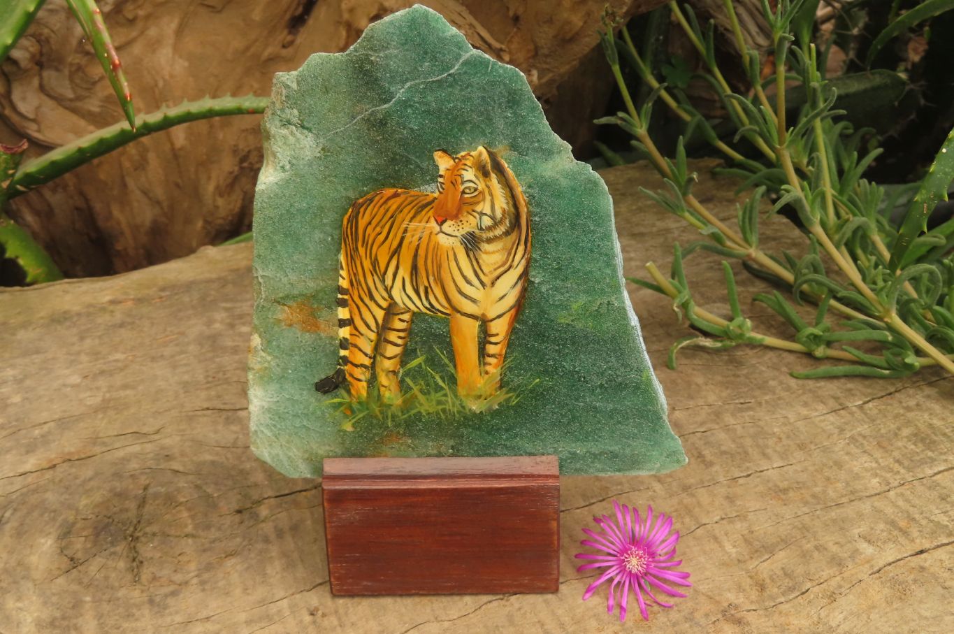 Hand Made Tiger Decoupage on Green Fuchsite Stone Slabs - sold per item - From Zimbabwe - Toprock Gemstones and Minerals 