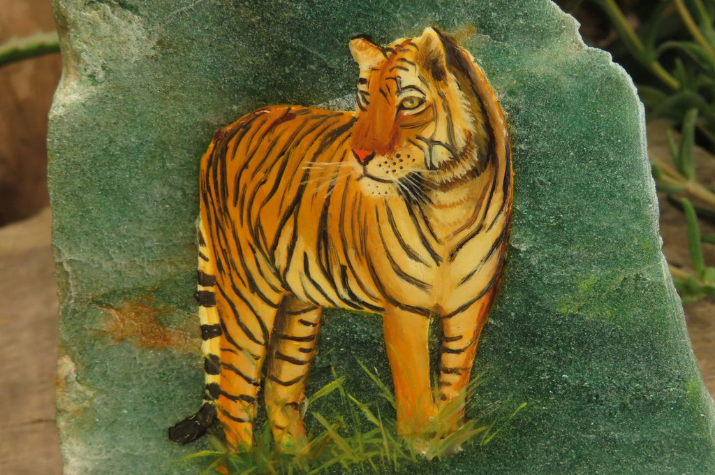 Hand Made Tiger Decoupage on Green Fuchsite Stone Slabs - sold per item - From Zimbabwe - Toprock Gemstones and Minerals 