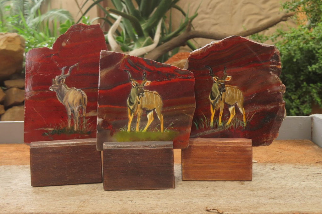 Hand Made African Kudu Buck Decoupage on Tiger Iron Jasper Stone Slabs - Sold Per Item - From Australia - Toprock Gemstones and Minerals 