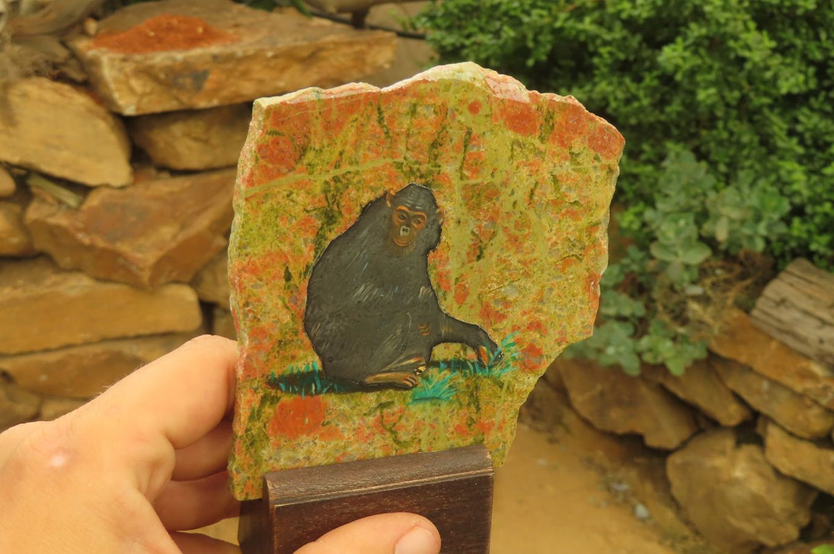 Hand Made Chimpanzee Decoupage on Unakite Stone Slabs - sold per item - From Southern Africa - Toprock Gemstones and Minerals 