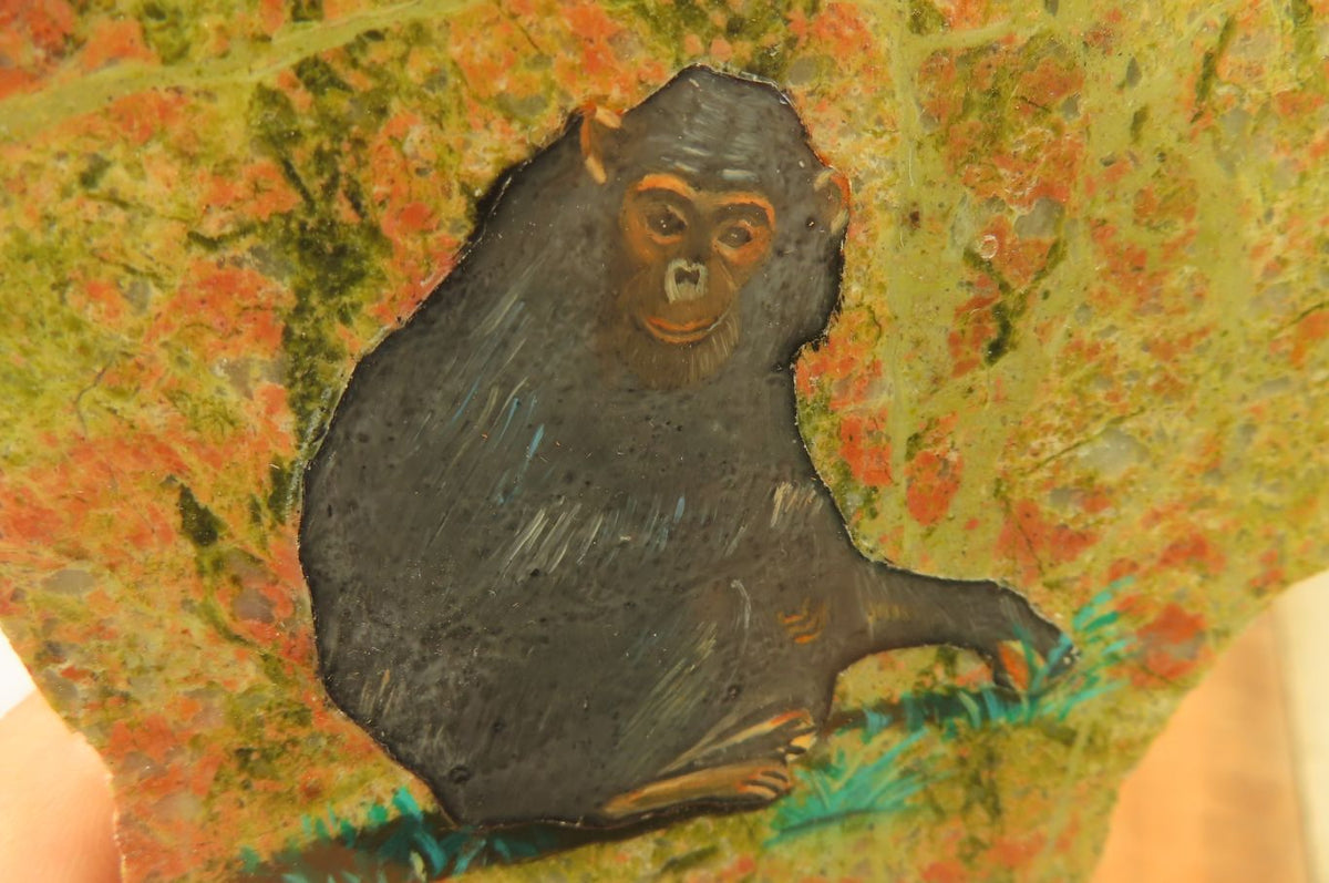 Hand Made Chimpanzee Decoupage on Unakite Stone Slabs - sold per item - From Southern Africa - Toprock Gemstones and Minerals 