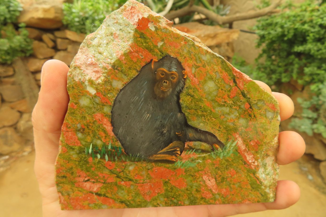 Hand Made Chimpanzee Decoupage on Unakite Stone Slabs - sold per item - From Southern Africa - Toprock Gemstones and Minerals 