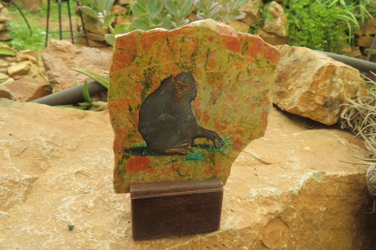 Hand Made Chimpanzee Decoupage on Unakite Stone Slabs - sold per item - From Southern Africa - Toprock Gemstones and Minerals 