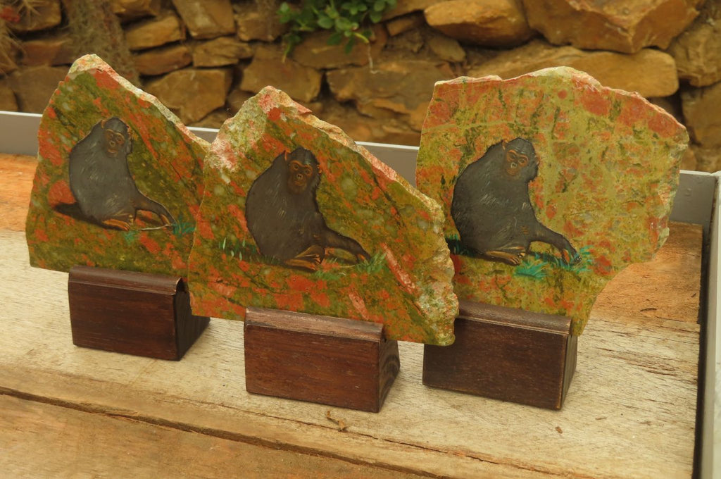 Hand Made Chimpanzee Decoupage on Unakite Stone Slabs - sold per item - From Southern Africa - Toprock Gemstones and Minerals 