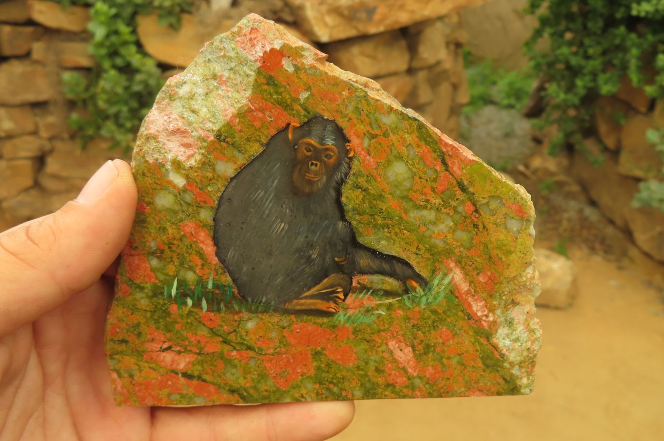 Hand Made Chimpanzee Decoupage on Unakite Stone Slabs - sold per item - From Southern Africa - Toprock Gemstones and Minerals 