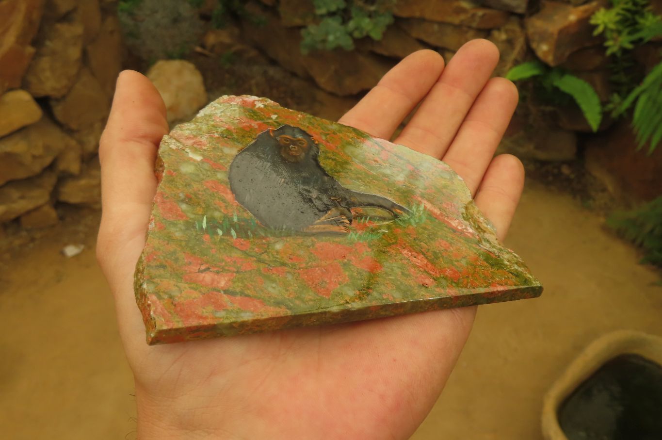 Hand Made Chimpanzee Decoupage on Unakite Stone Slabs - sold per item - From Southern Africa - Toprock Gemstones and Minerals 
