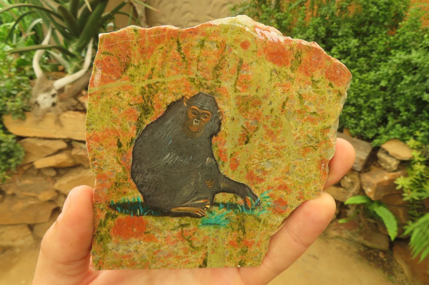 Hand Made Chimpanzee Decoupage on Unakite Stone Slabs - sold per item - From Southern Africa - Toprock Gemstones and Minerals 