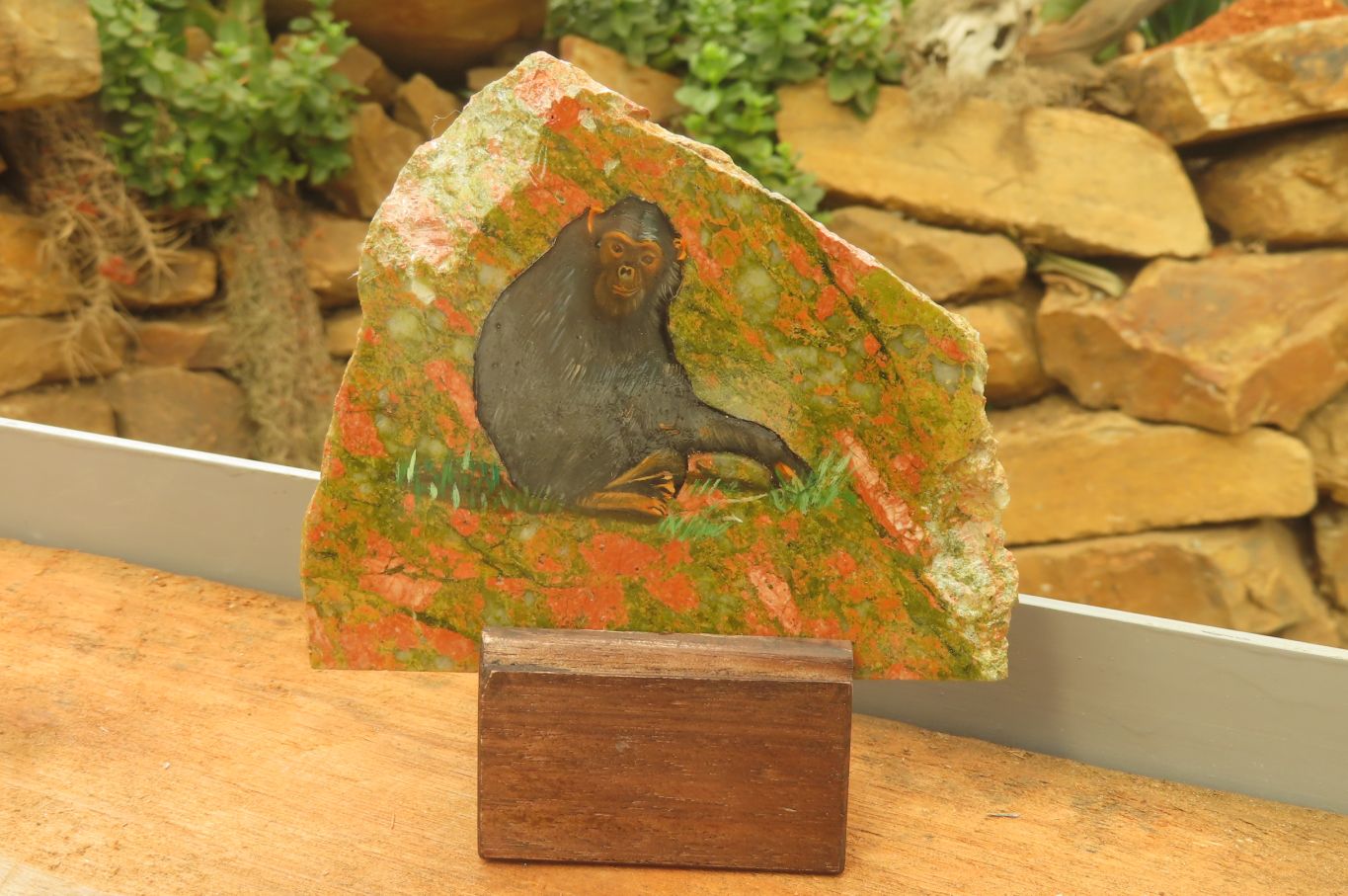 Hand Made Chimpanzee Decoupage on Unakite Stone Slabs - sold per item - From Southern Africa - Toprock Gemstones and Minerals 