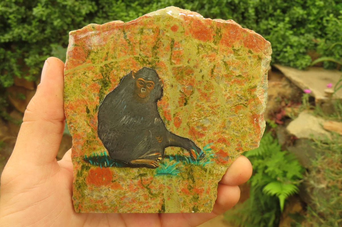 Hand Made Chimpanzee Decoupage on Unakite Stone Slabs - sold per item - From Southern Africa - Toprock Gemstones and Minerals 