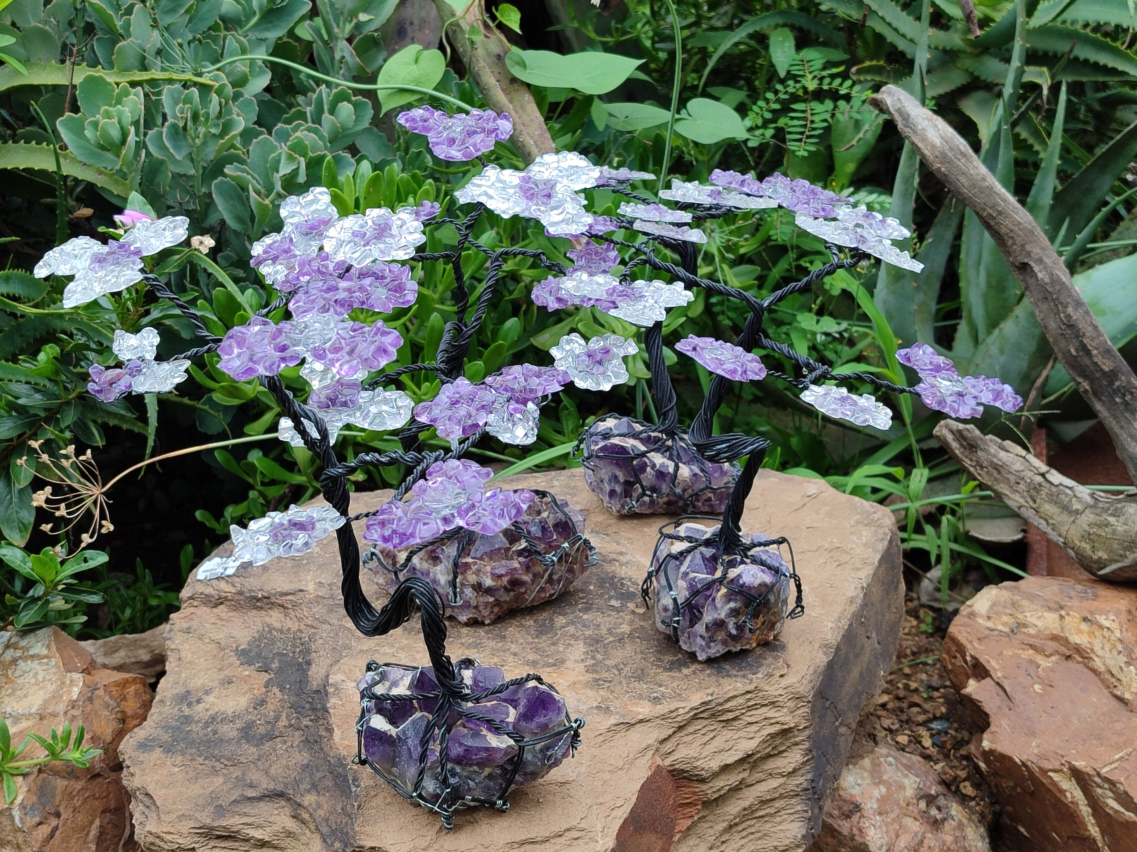 Hand Made Amethyst and Quartz Crystal Tumble Chip Wire Wrap Tree - Sold Per Item - From South Africa - Toprock Gemstones and Minerals 