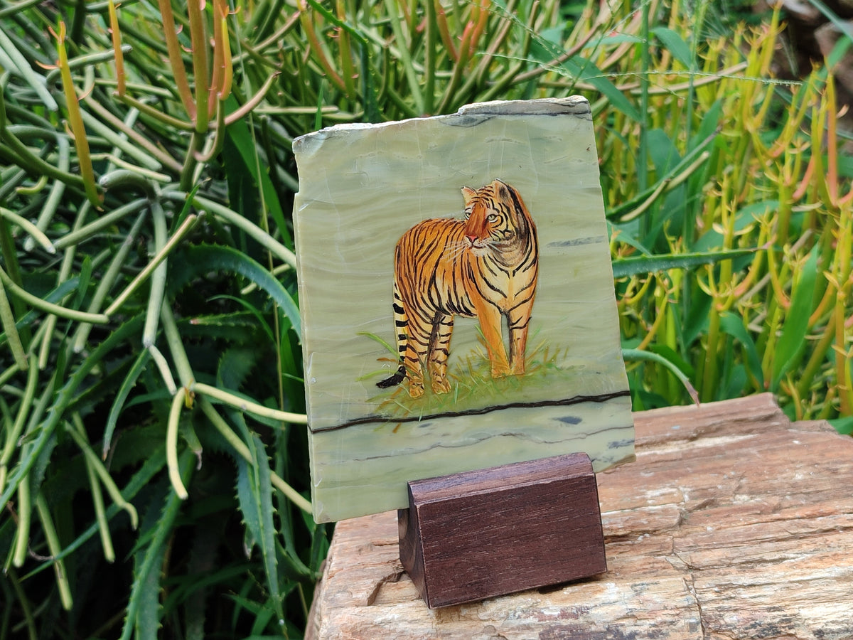 Hand Made Tiger Decoupage on Butter Jade Stone Slabs - sold per item - From South Africa - Toprock Gemstones and Minerals 