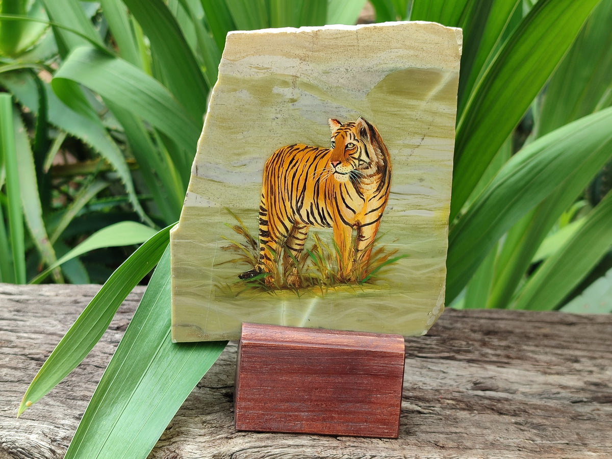 Hand Made Tiger Decoupage on Butter Jade Stone Slabs - sold per item - From South Africa - Toprock Gemstones and Minerals 