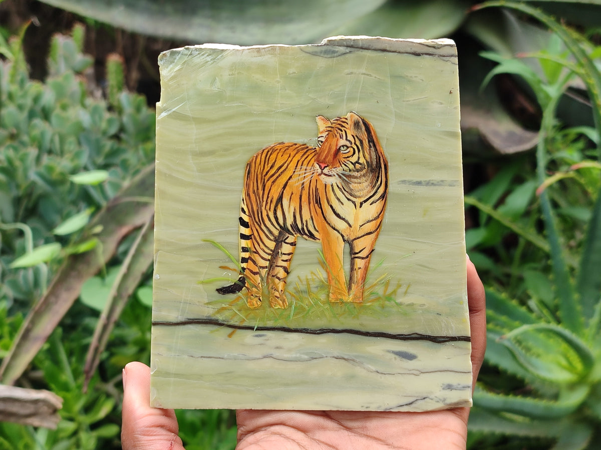 Hand Made Tiger Decoupage on Butter Jade Stone Slabs - sold per item - From South Africa - Toprock Gemstones and Minerals 