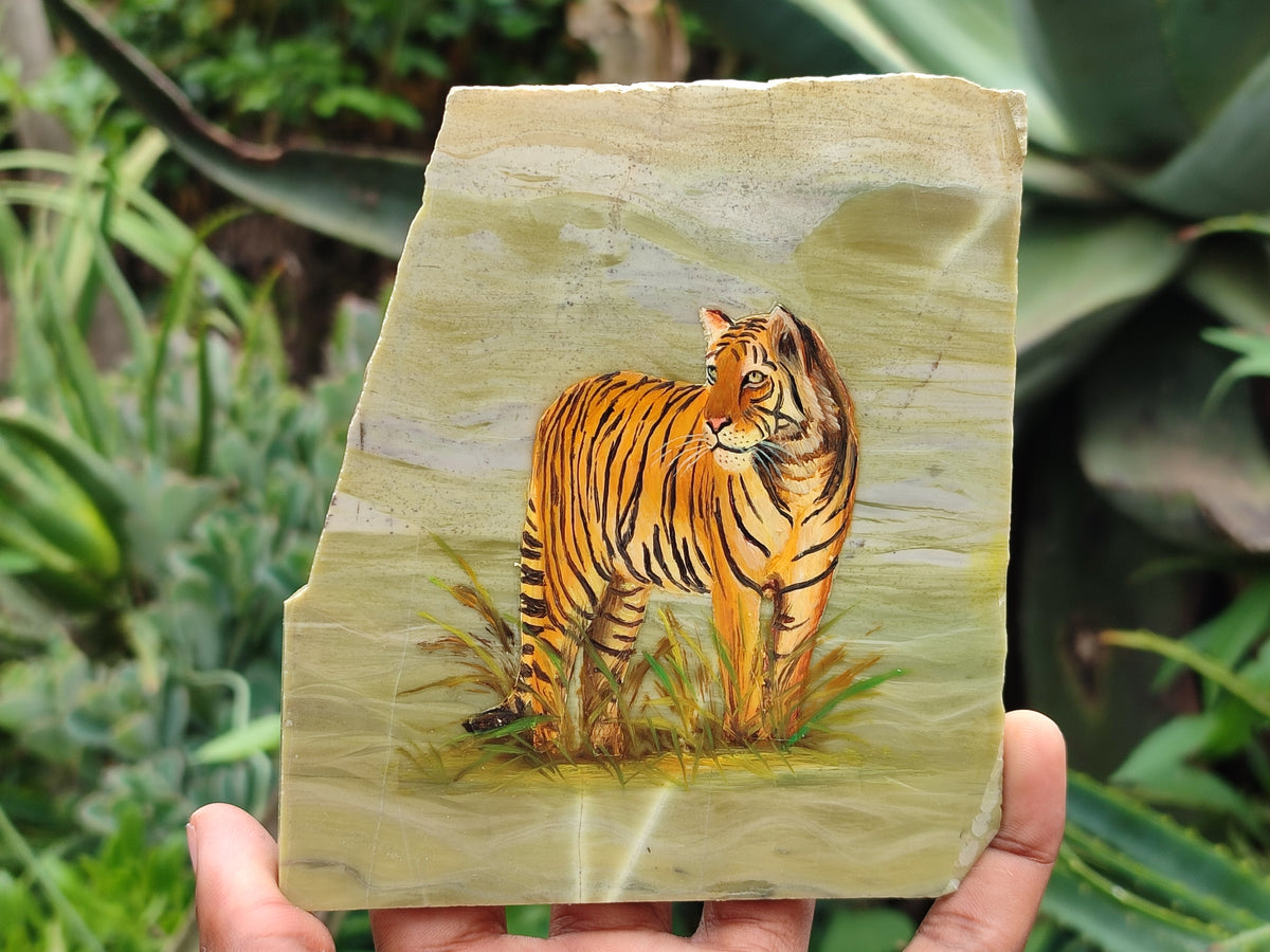 Hand Made Tiger Decoupage on Butter Jade Stone Slabs - sold per item - From South Africa - Toprock Gemstones and Minerals 