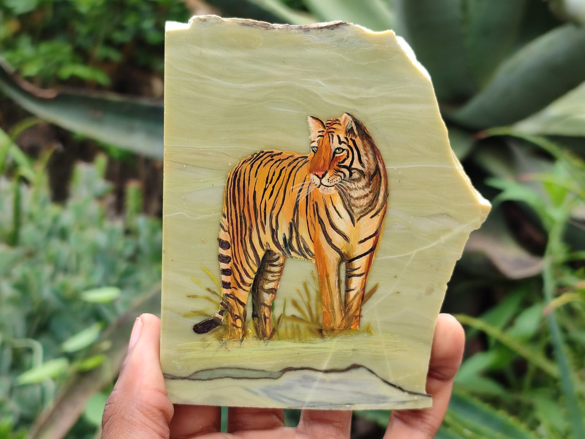 Hand Made Tiger Decoupage on Butter Jade Stone Slabs - sold per item - From South Africa - Toprock Gemstones and Minerals 