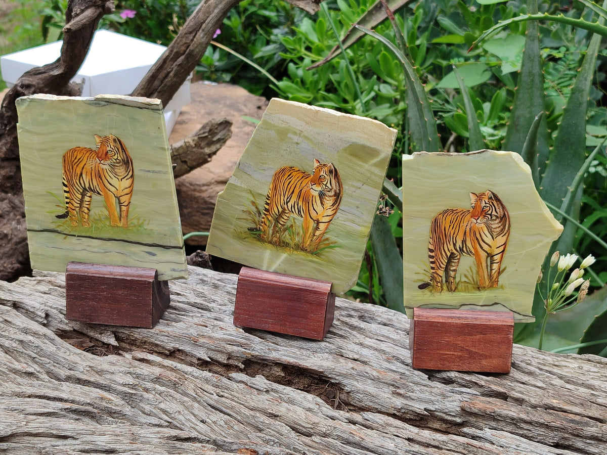 Hand Made Tiger Decoupage on Butter Jade Stone Slabs - sold per item - From South Africa - Toprock Gemstones and Minerals 