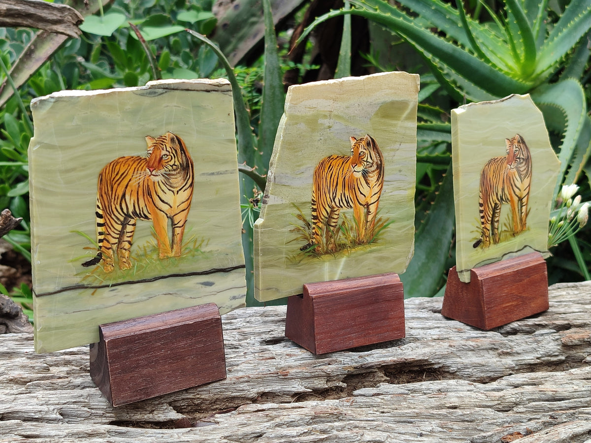 Hand Made Tiger Decoupage on Butter Jade Stone Slabs - sold per item - From South Africa - Toprock Gemstones and Minerals 