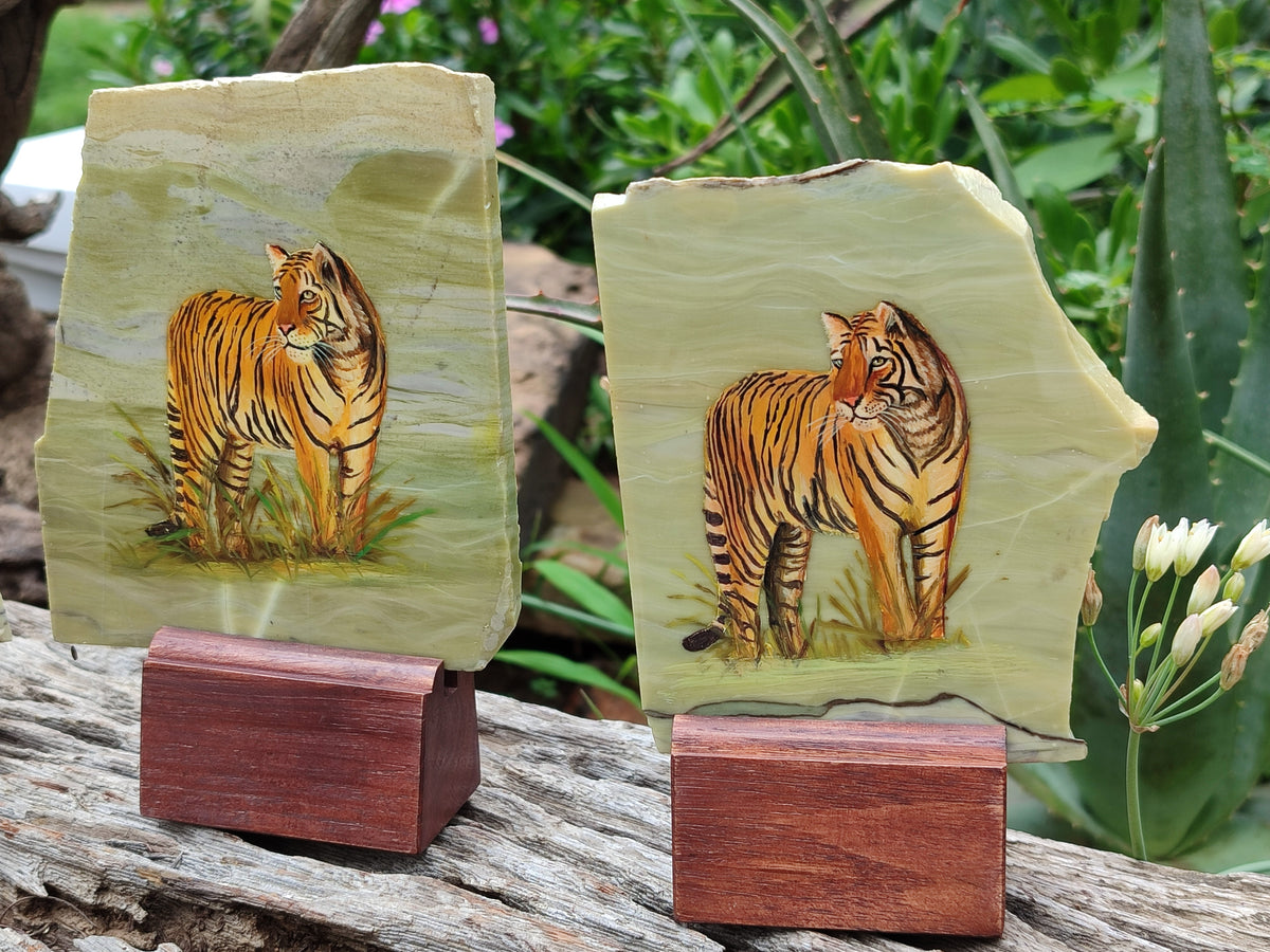 Hand Made Tiger Decoupage on Butter Jade Stone Slabs - sold per item - From South Africa - Toprock Gemstones and Minerals 