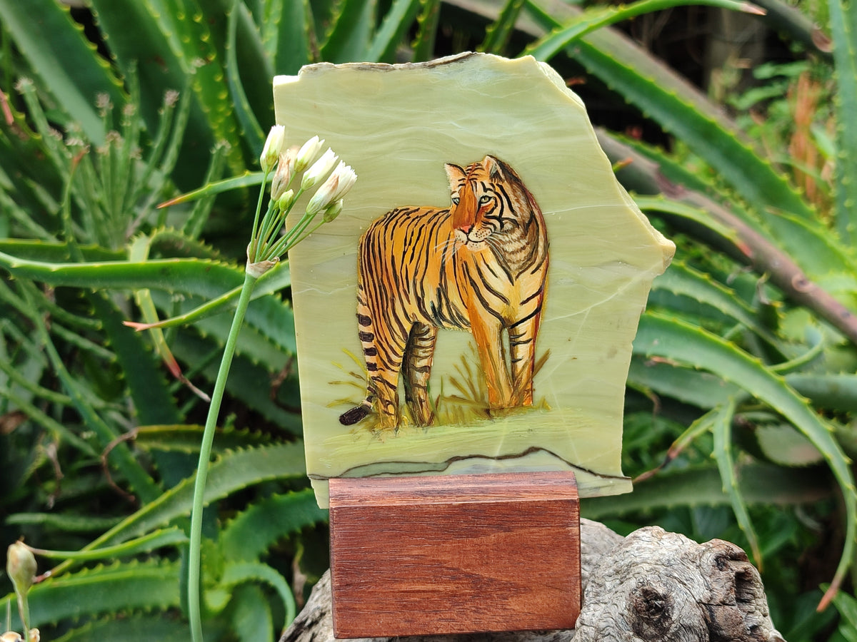 Hand Made Tiger Decoupage on Butter Jade Stone Slabs - sold per item - From South Africa - Toprock Gemstones and Minerals 