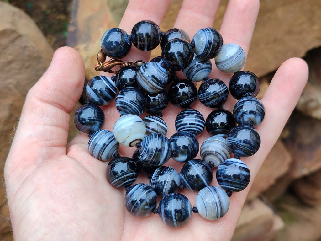 Polished Black Sardonyx Tibetan Agate Bead Necklace - Sold Per Item- From Tibet - Toprock Gemstones and Minerals 