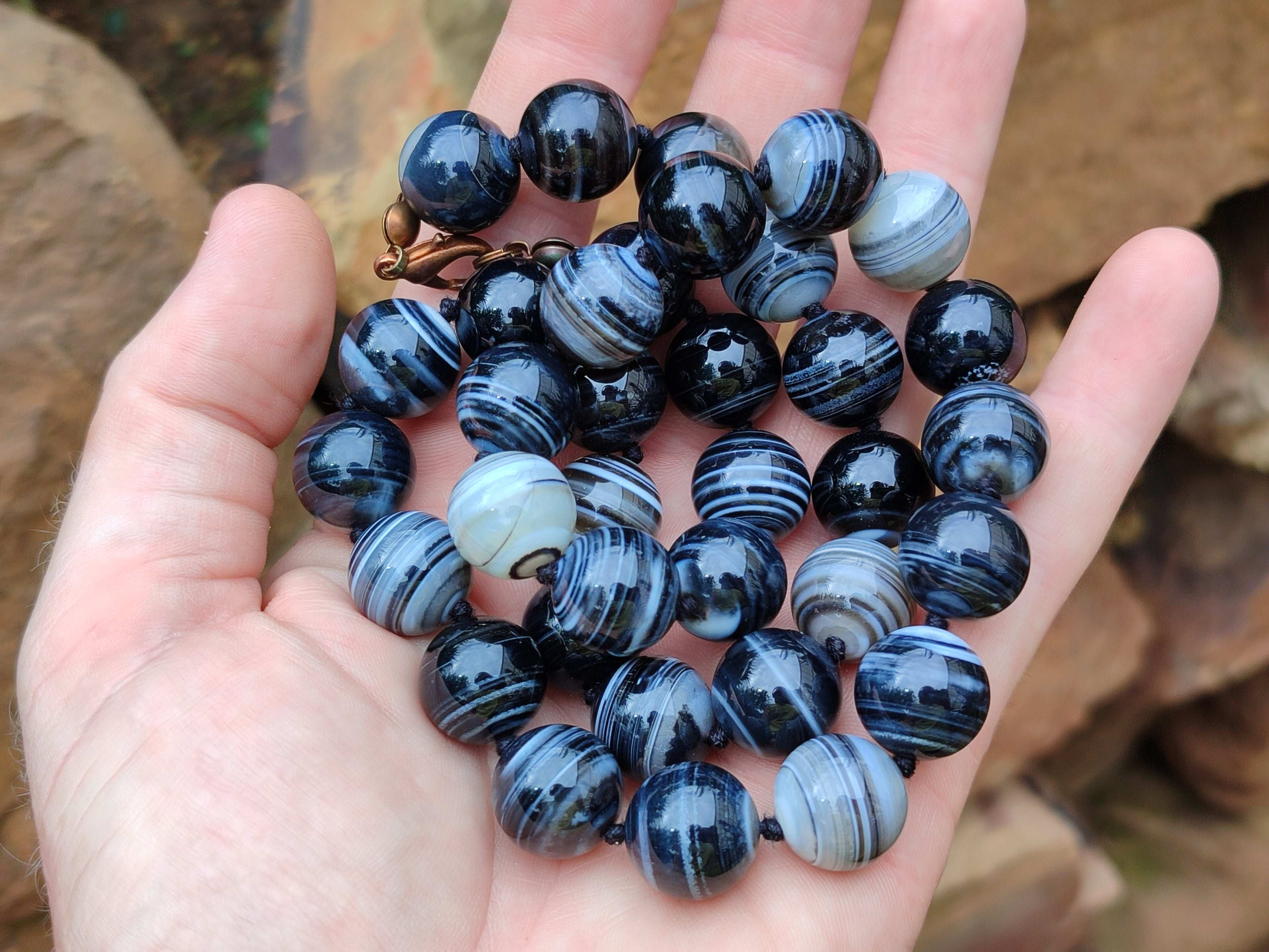 Polished Black Sardonyx Tibetan Agate Bead Necklace - Sold Per Item- From Tibet - Toprock Gemstones and Minerals 