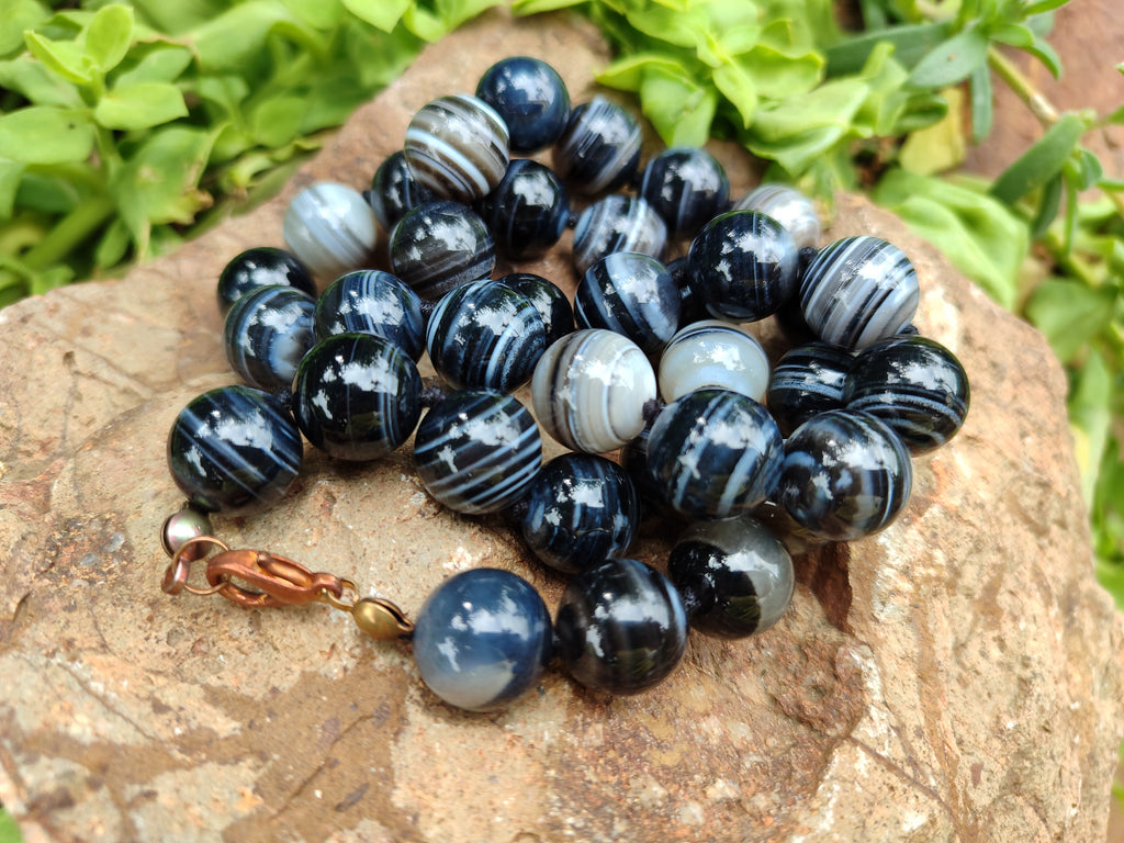 Polished Black Sardonyx Tibetan Agate Bead Necklace - Sold Per Item- From Tibet - Toprock Gemstones and Minerals 