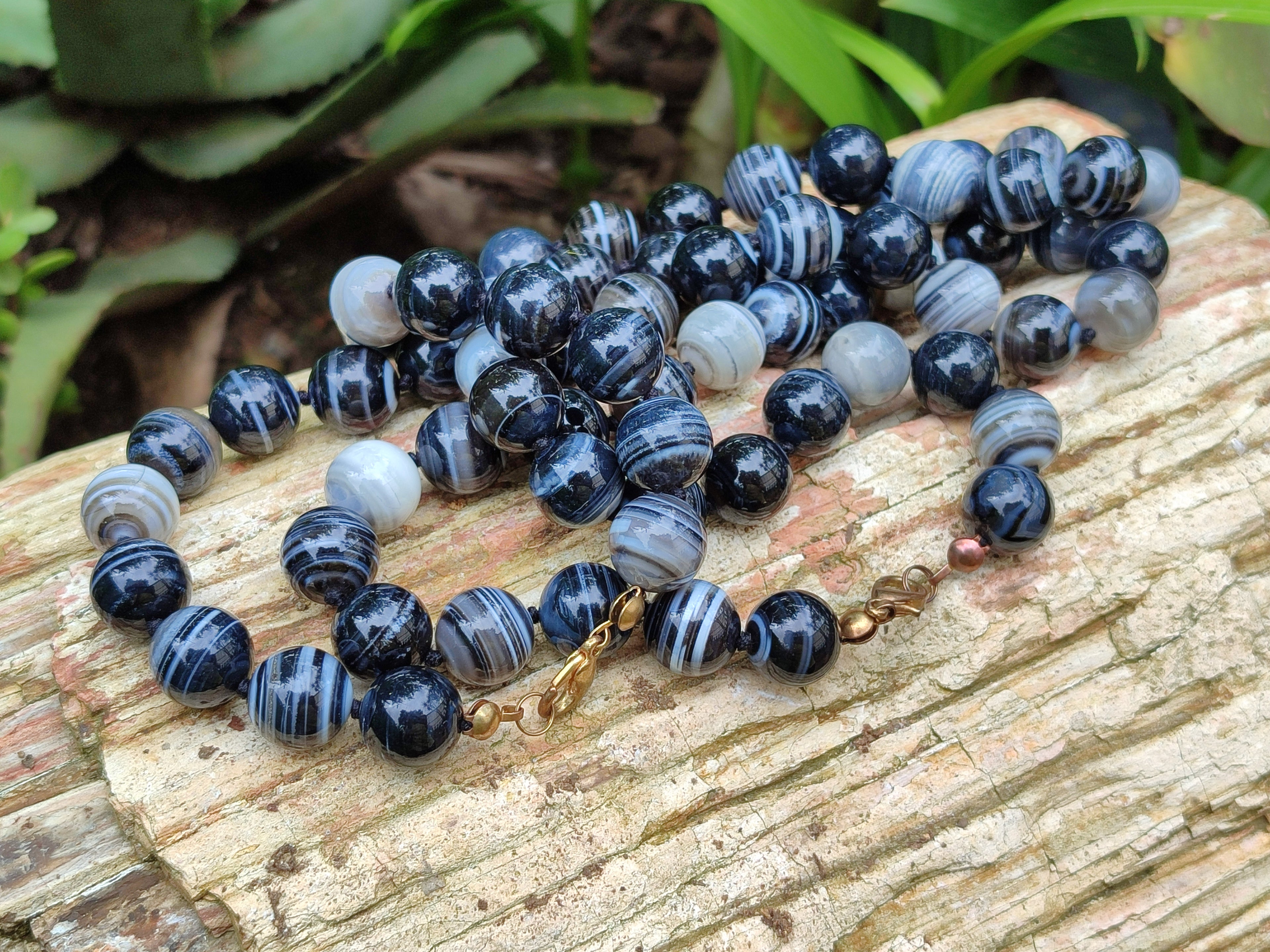 Polished Black Sardonyx Tibetan Agate Bead Necklace - Sold Per Item- From Tibet - Toprock Gemstones and Minerals 