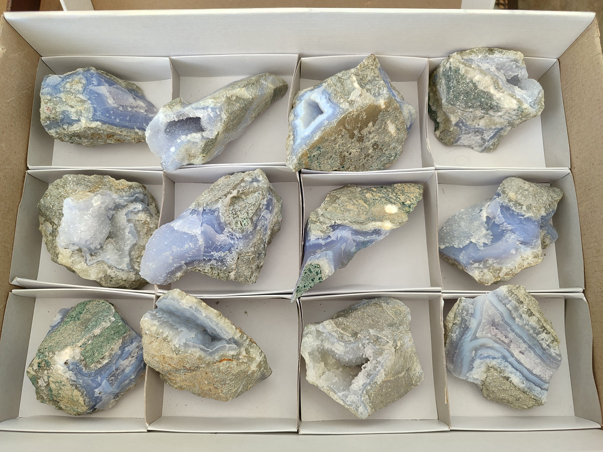 Natural Blue Lace Agate Geode Specimens x 12 From Malawi - Toprock Gemstones and Minerals 