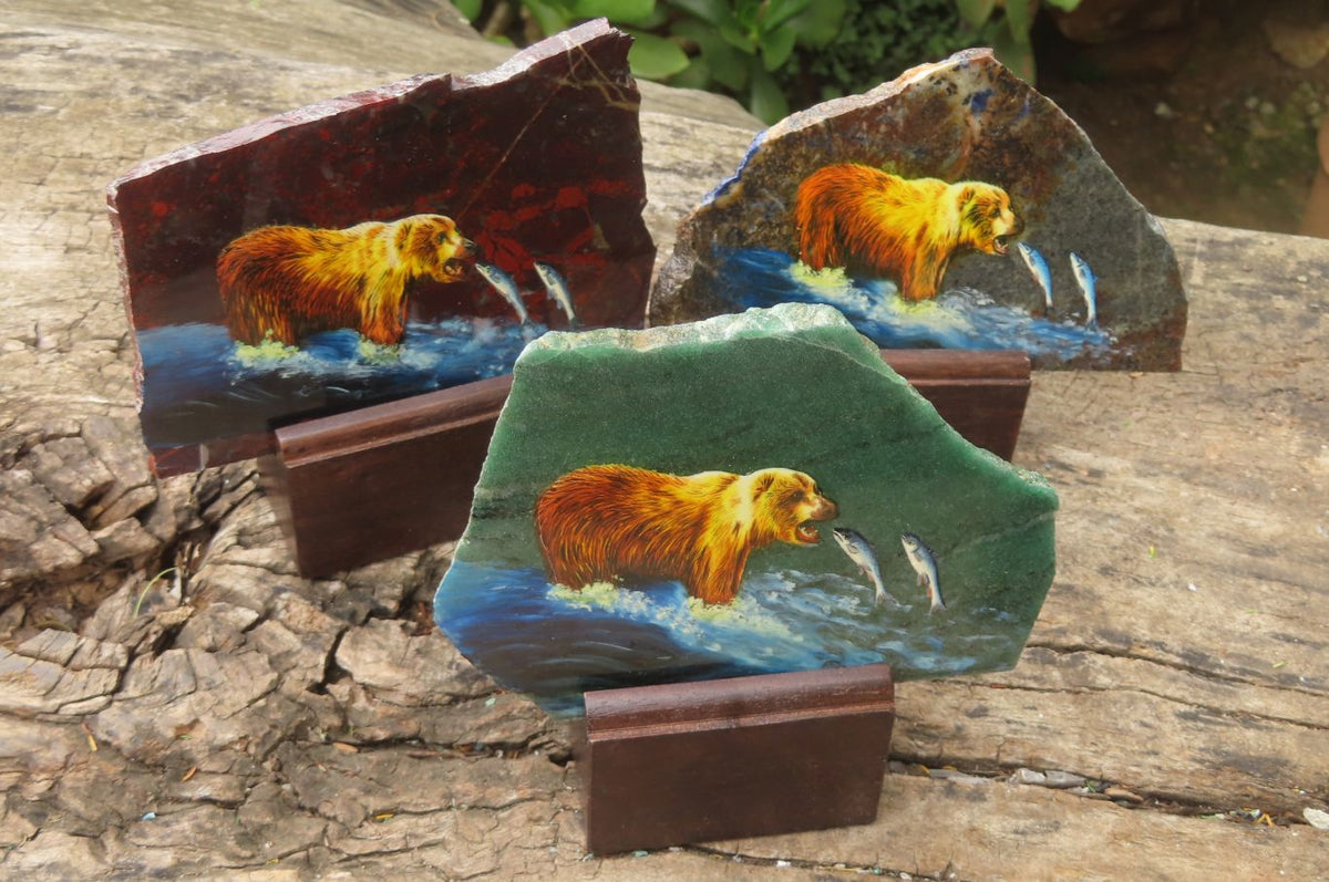 Hand Made Bear Decoupage Stone Slabs x 3 From Southern Africa - Toprock Gemstones and Minerals 