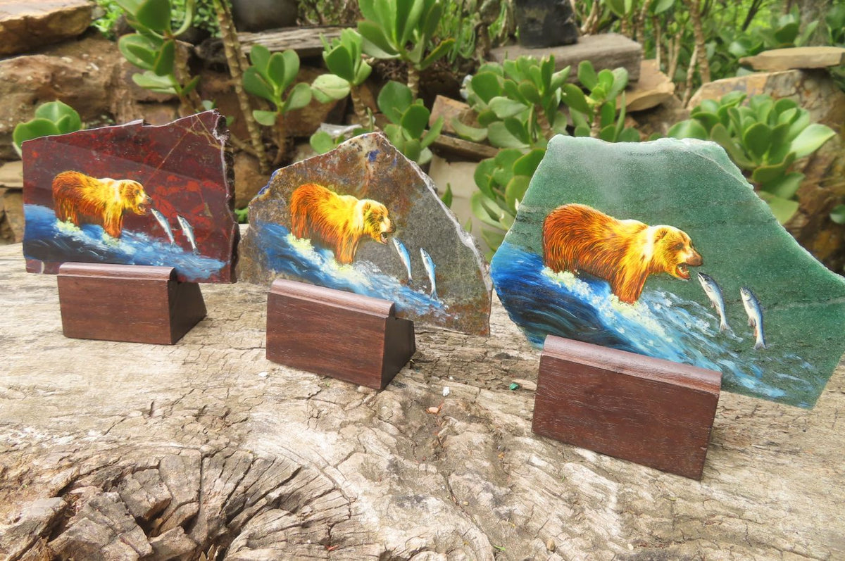 Hand Made Bear Decoupage Stone Slabs x 3 From Southern Africa - Toprock Gemstones and Minerals 