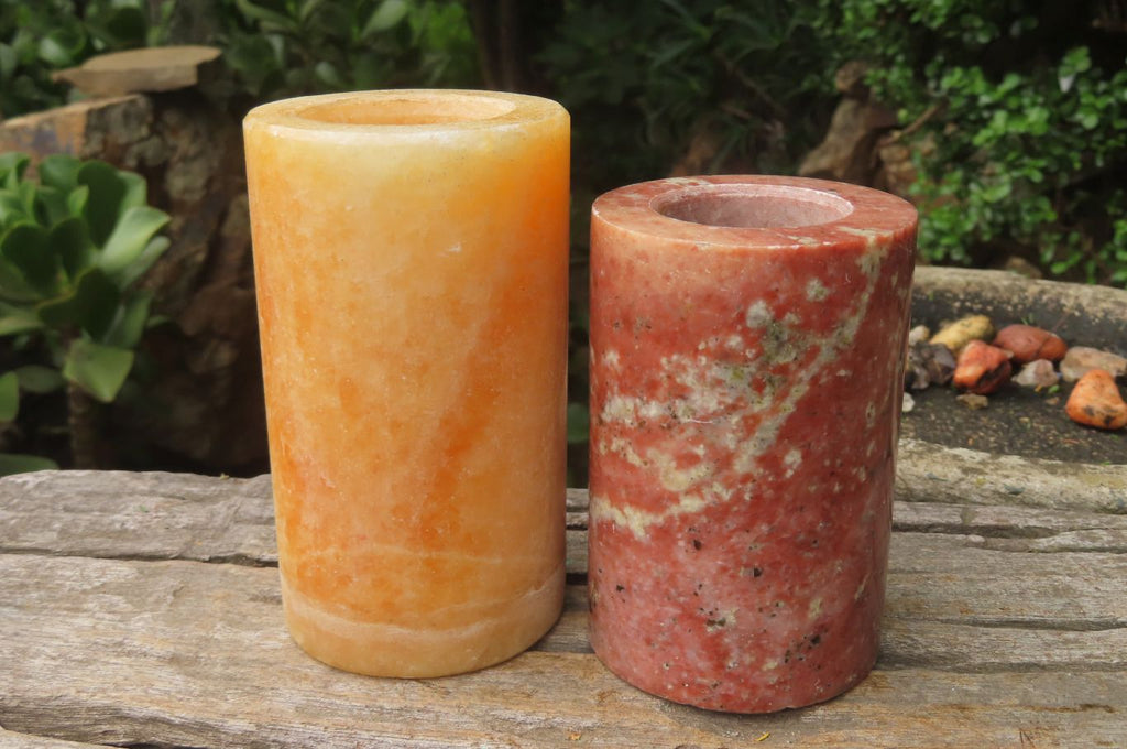 Hand Made Orange Calcite Candle Holders x 2 From Southern Africa - Toprock Gemstones and Minerals 