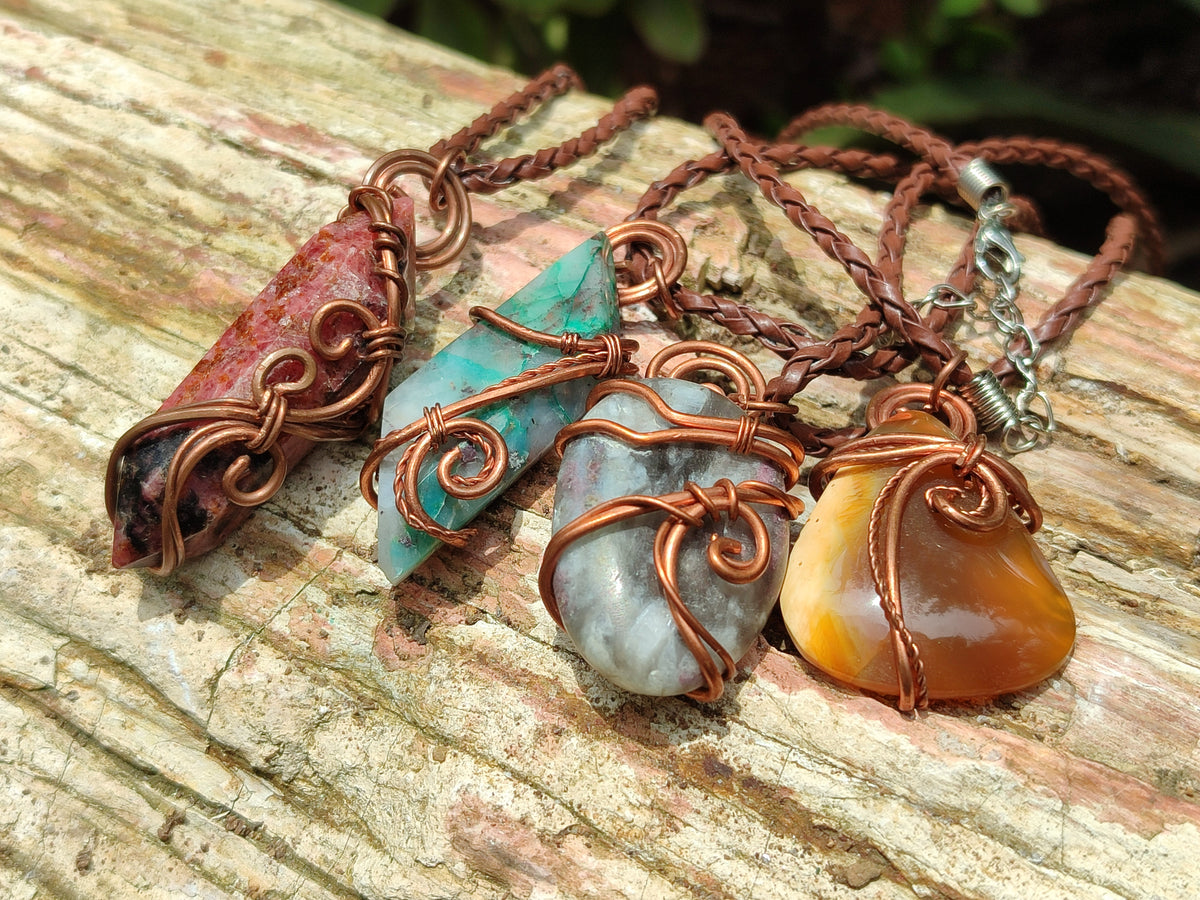 Hand Made Assortment Of Copper Wire Wrapped Stone Pendants x 6 From Southern Africa - Toprock Gemstones and Minerals 