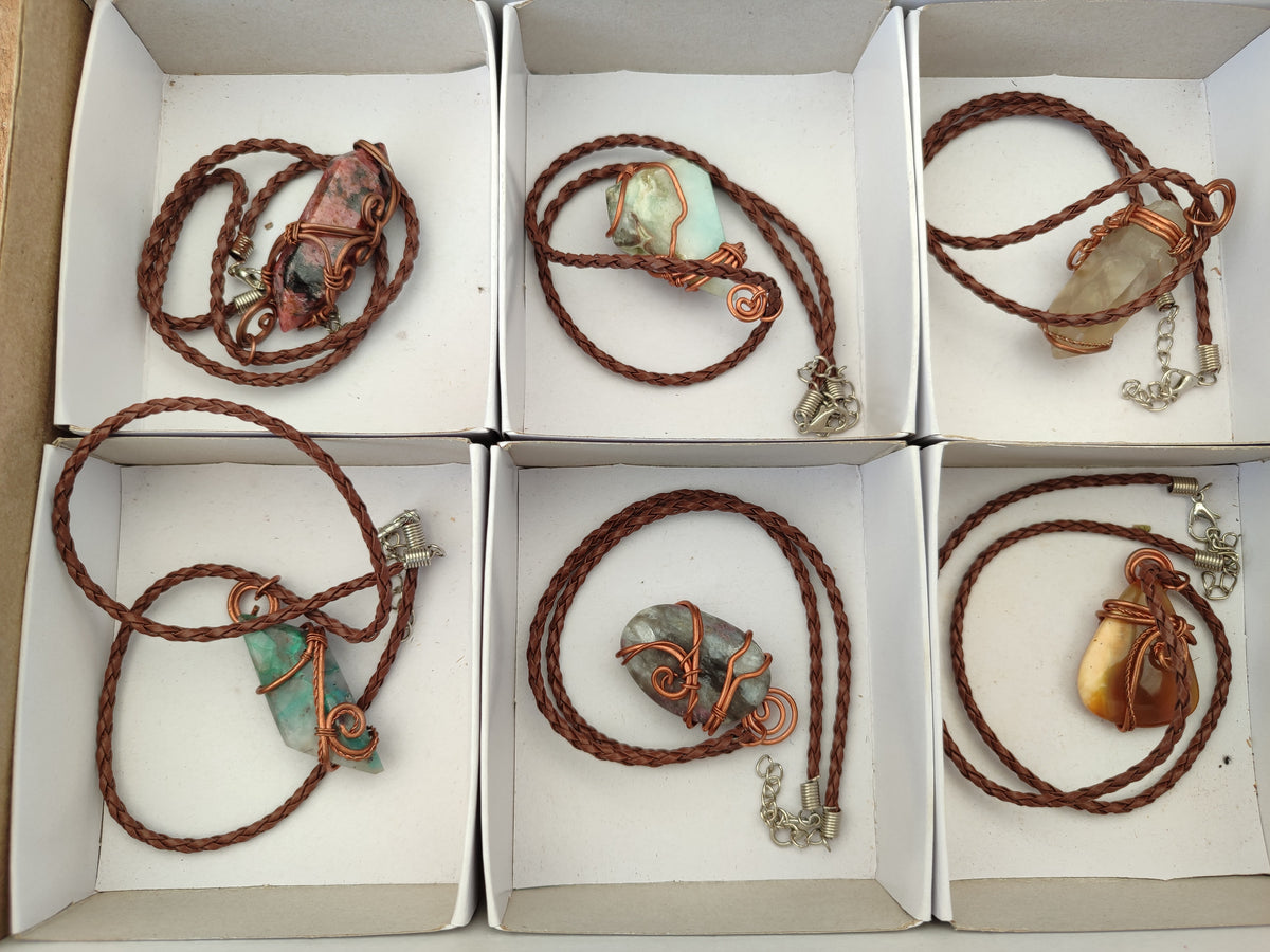 Hand Made Assortment Of Copper Wire Wrapped Stone Pendants x 6 From Southern Africa - Toprock Gemstones and Minerals 