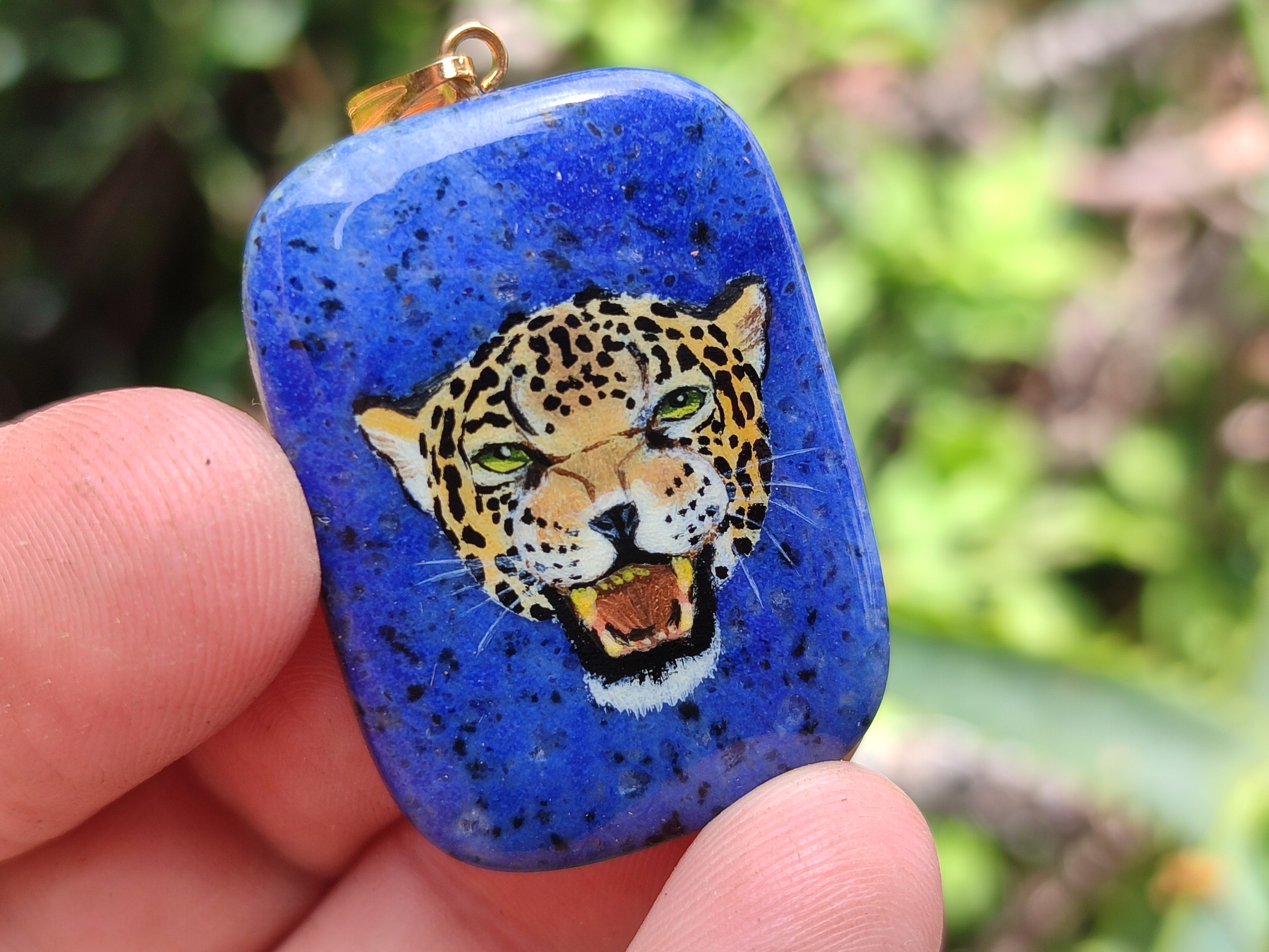 Polished Dumortierite Pendant with Hand Painted Leopard - Sold Per Item - From Mozambique - Toprock Gemstones and Minerals 