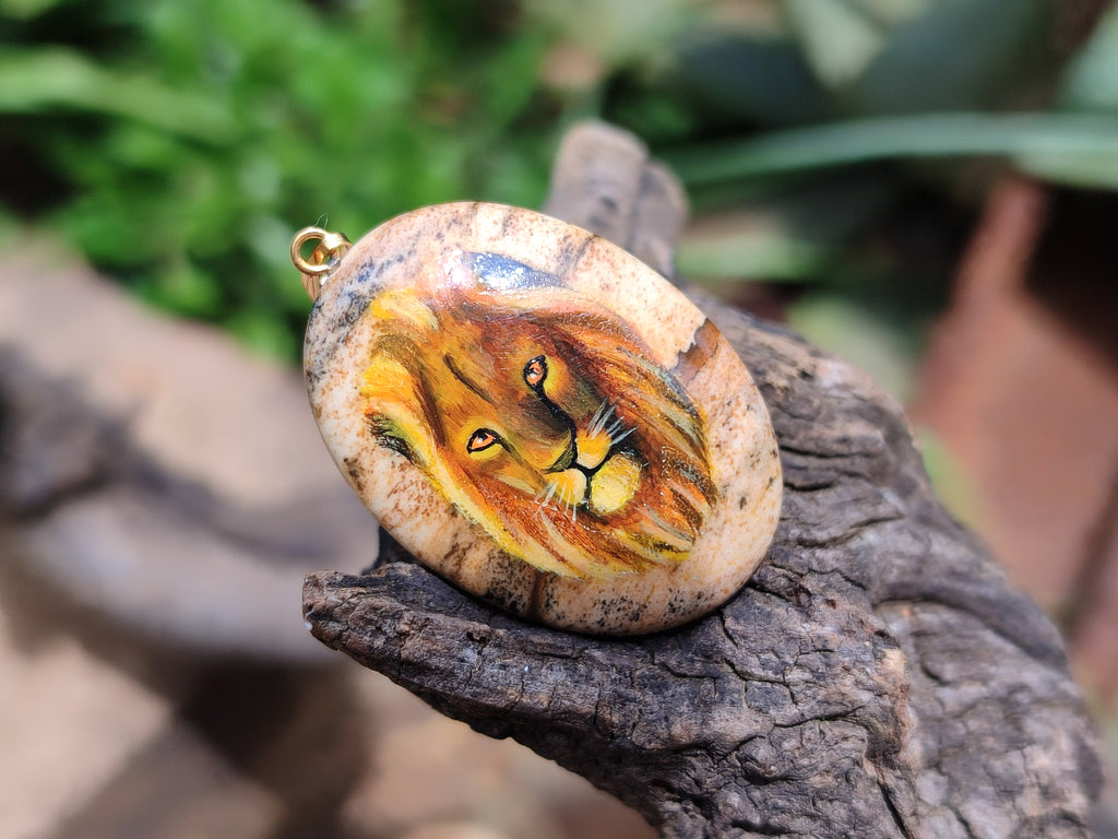 Polished Picture Stone Oval Pendant with Hand Painted Lion - Sold Per Item - From Namibia - Toprock Gemstones and Minerals 