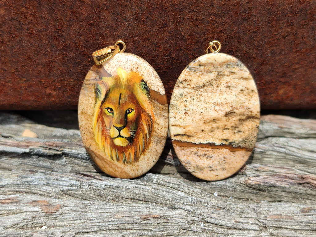 Polished Picture Stone Oval Pendant with Hand Painted Lion - Sold Per Item - From Namibia - Toprock Gemstones and Minerals 