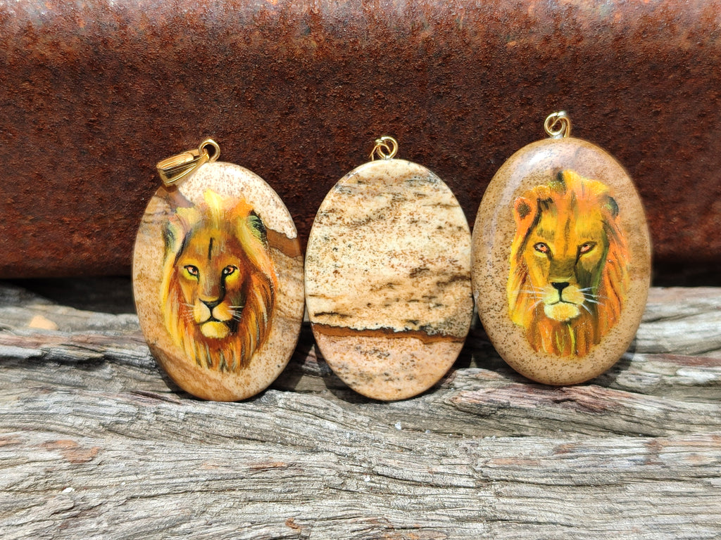 Polished Picture Stone Oval Pendant with Hand Painted Lion - Sold Per Item - From Namibia - Toprock Gemstones and Minerals 
