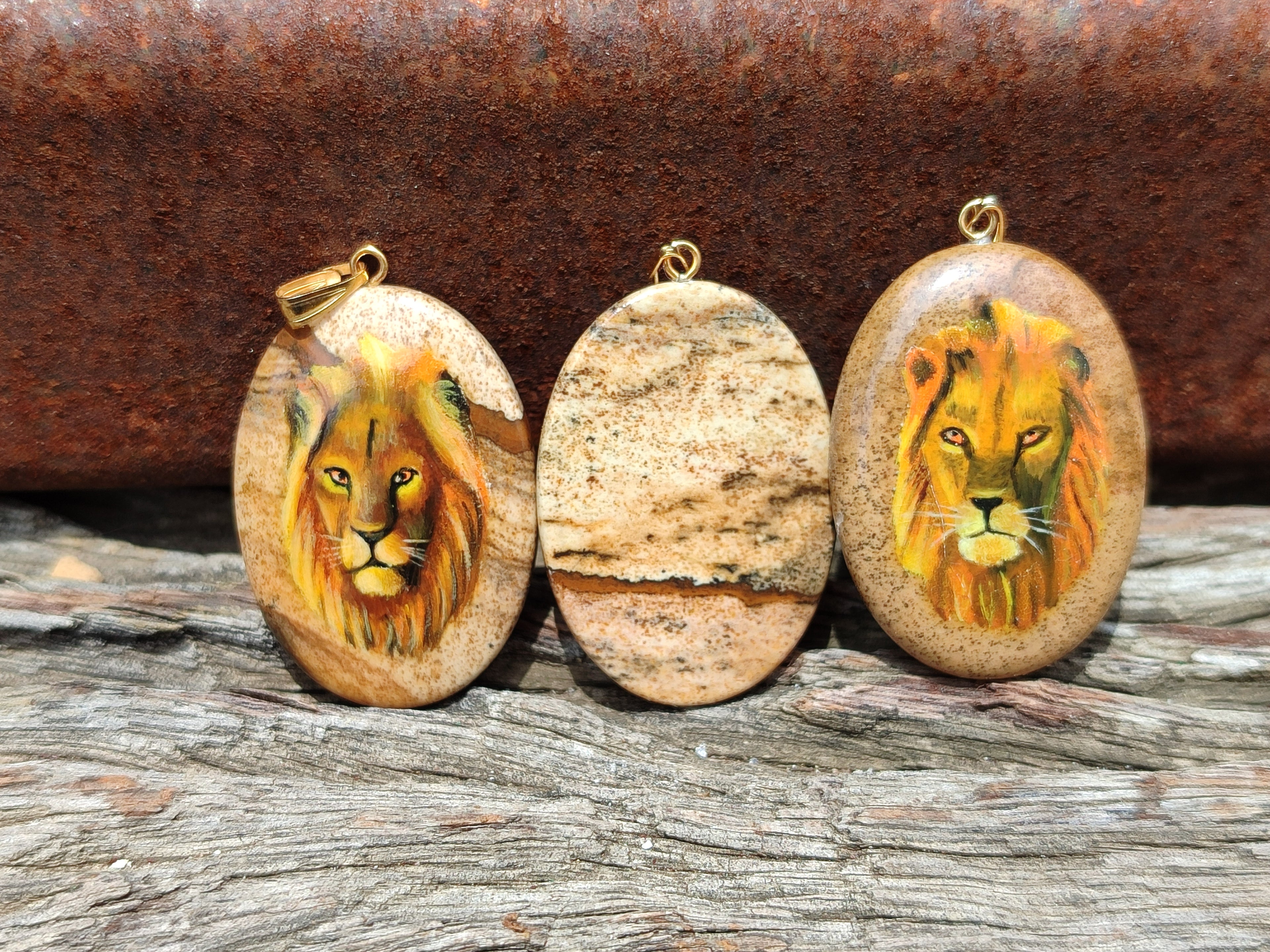 Polished Picture Stone Oval Pendant with Hand Painted Lion - Sold Per Item - From Namibia - Toprock Gemstones and Minerals 