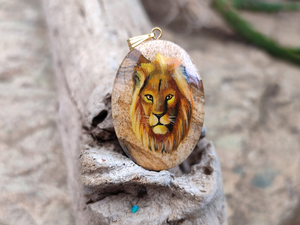 Polished Picture Stone Oval Pendant with Hand Painted Lion - Sold Per Item - From Namibia - Toprock Gemstones and Minerals 