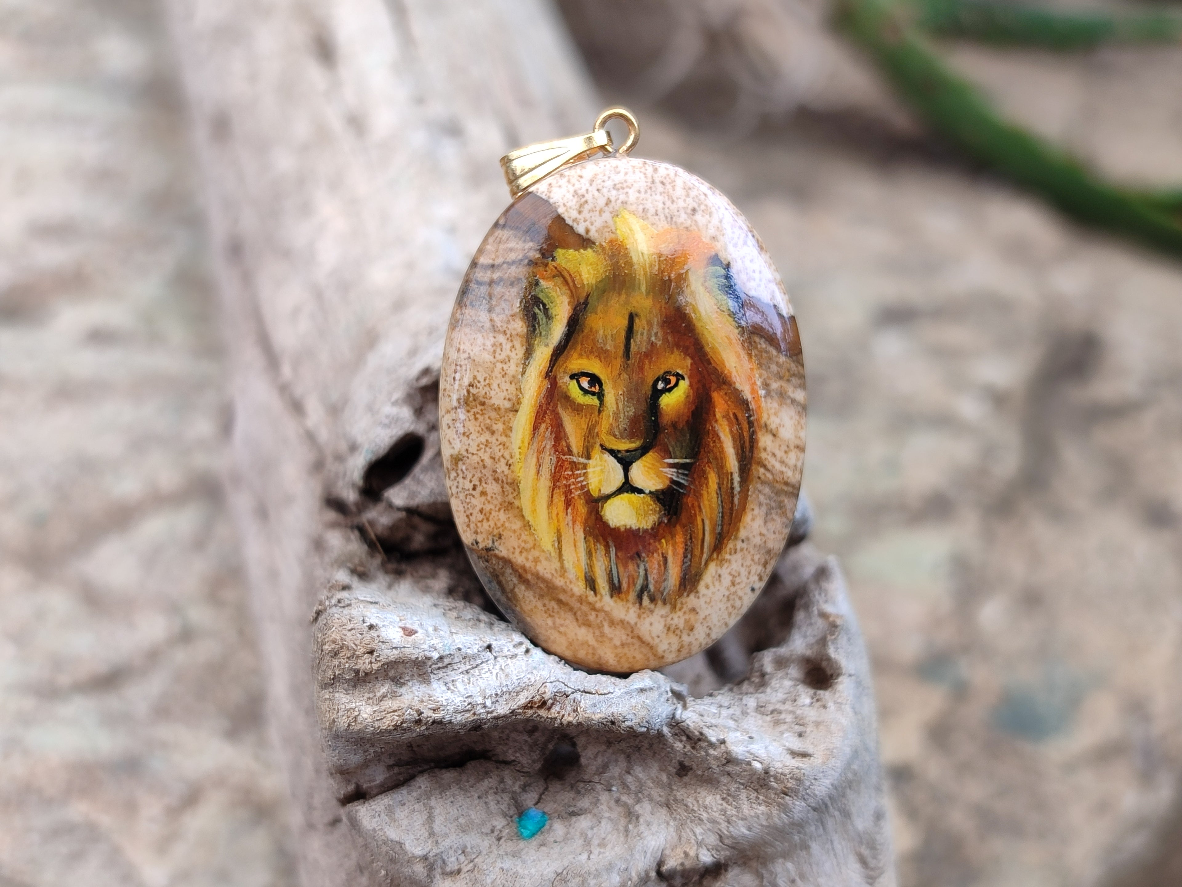 Polished Picture Stone Oval Pendant with Hand Painted Lion - Sold Per Item - From Namibia - Toprock Gemstones and Minerals 