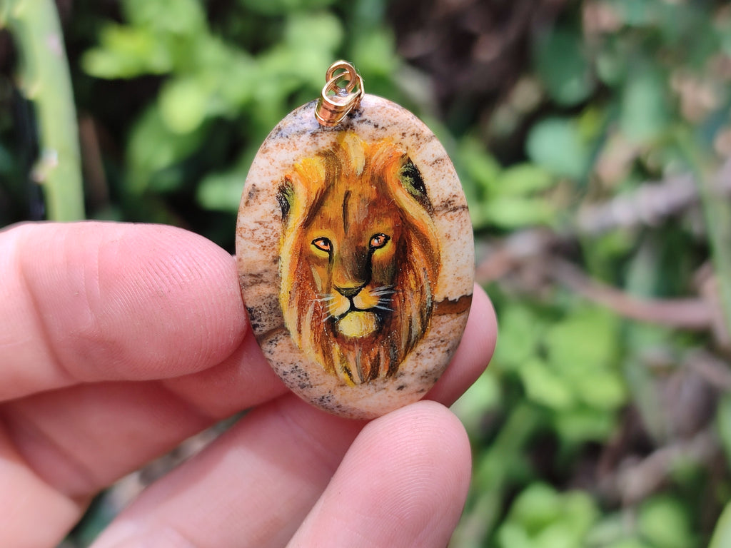 Polished Picture Stone Oval Pendant with Hand Painted Lion - Sold Per Item - From Namibia - Toprock Gemstones and Minerals 
