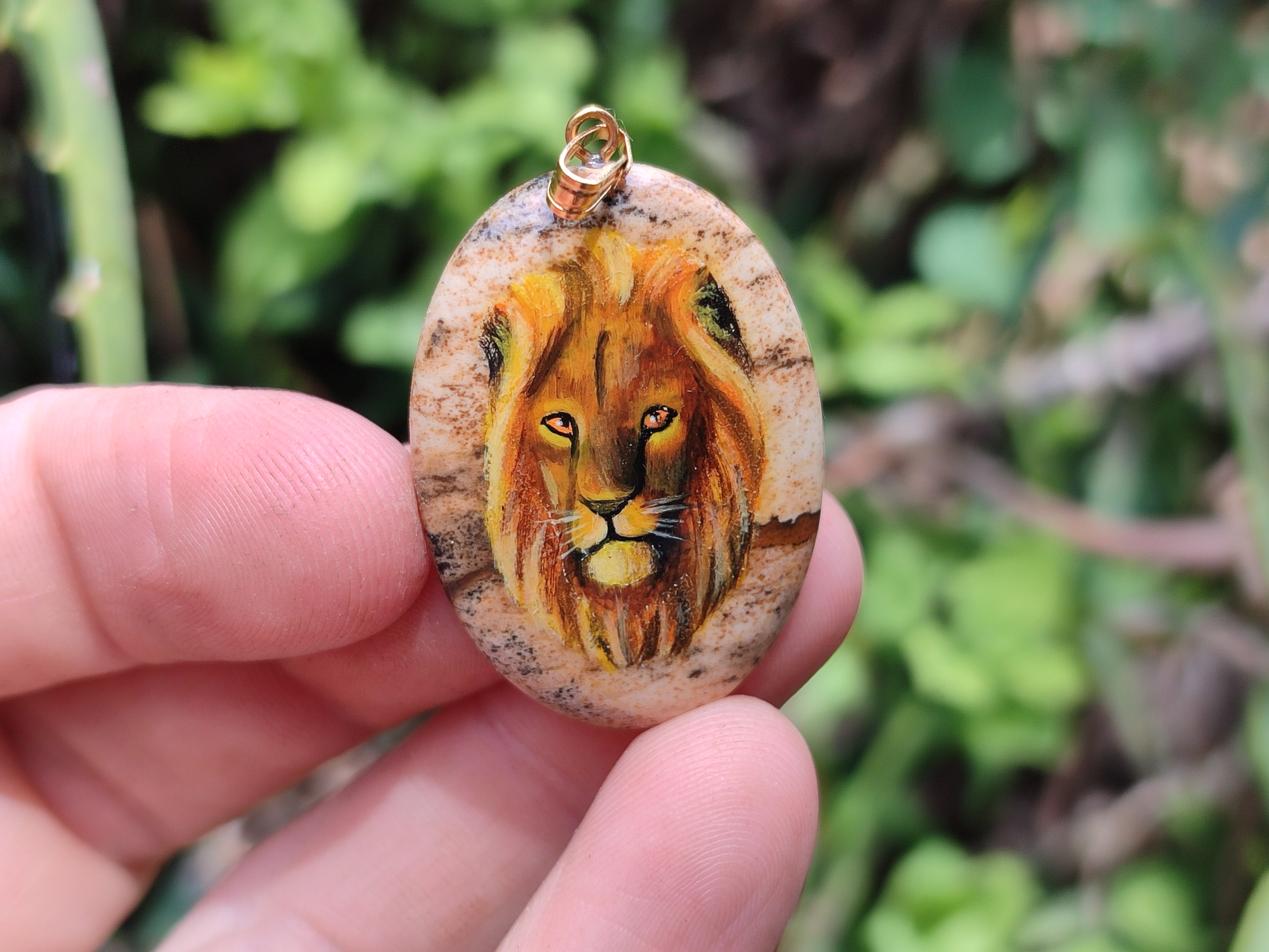 Polished Picture Stone Oval Pendant with Hand Painted Lion - Sold Per Item - From Namibia - Toprock Gemstones and Minerals 