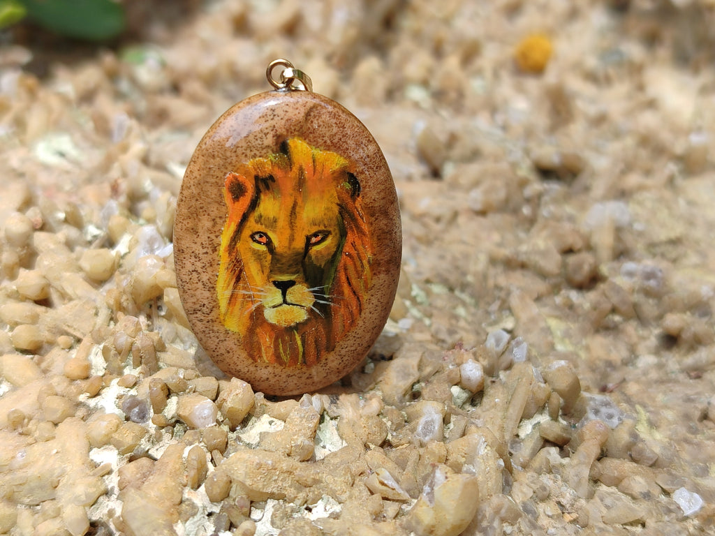Polished Picture Stone Oval Pendant with Hand Painted Lion - Sold Per Item - From Namibia - Toprock Gemstones and Minerals 