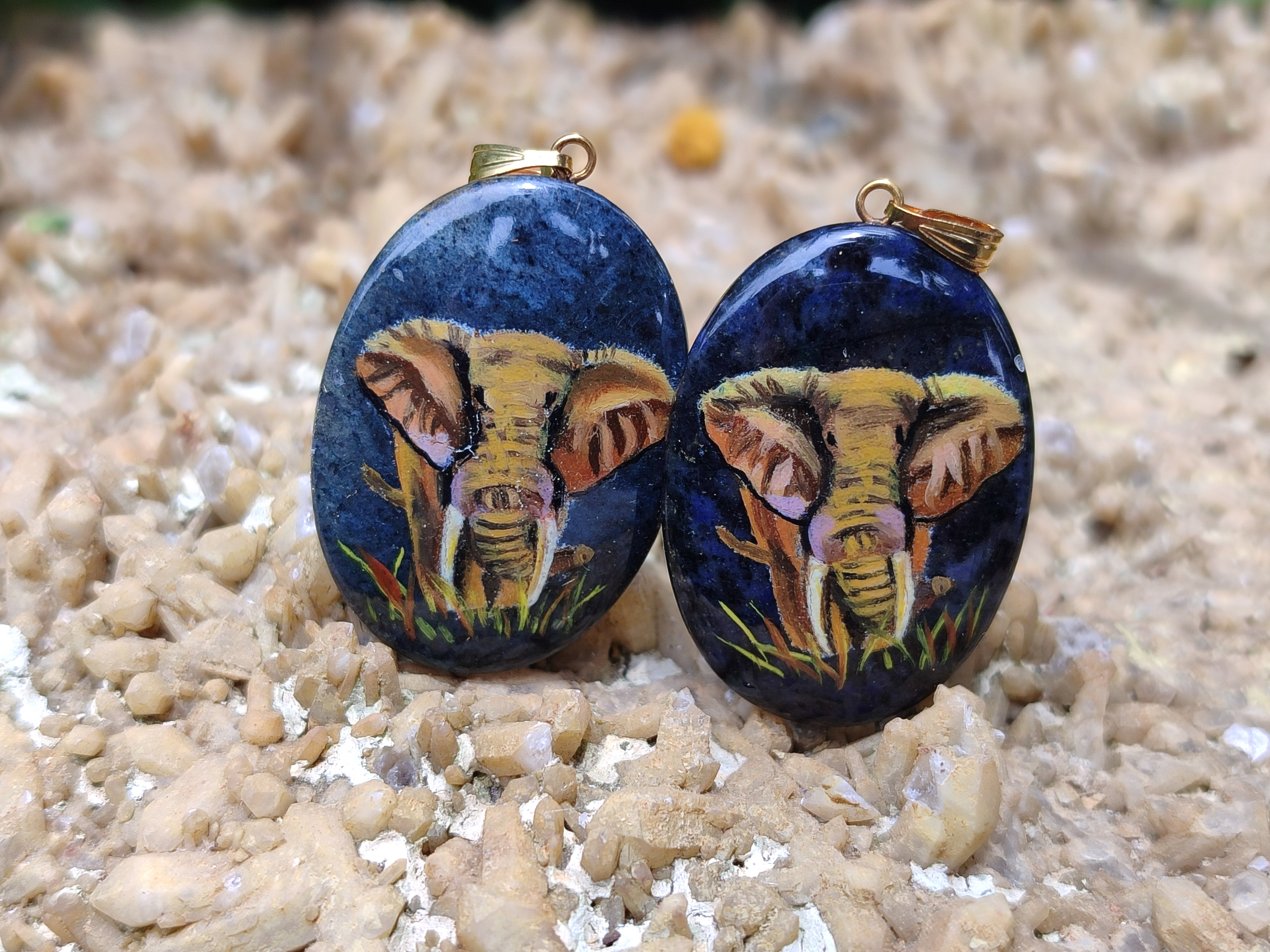 Polished Dumortierite Pendants with Hand Painted Elephant - sold per item - From Mozambique - Toprock Gemstones and Minerals 