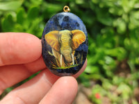 Polished Dumortierite Pendants with Hand Painted Elephant - sold per item - From Mozambique