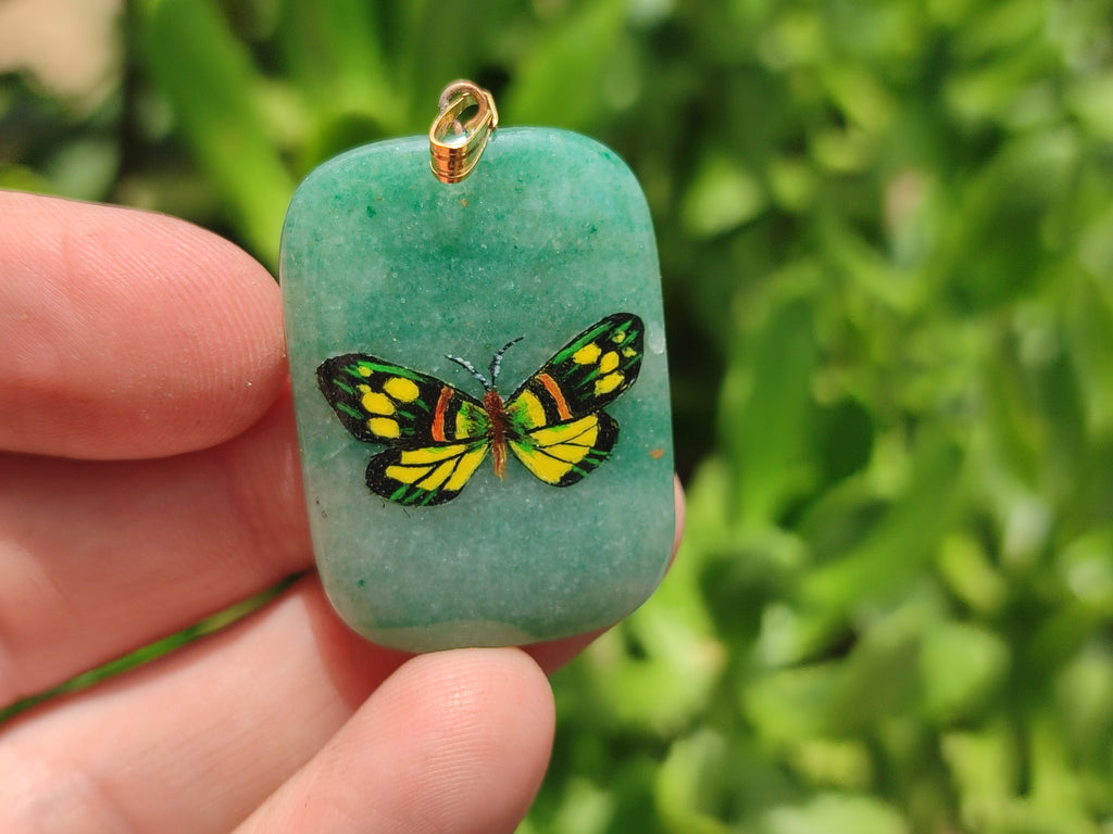 Polished Aventurine Pendant with Hand Painted Butterflies - Sold Per Item - From Zimbabwe - Toprock Gemstones and Minerals 
