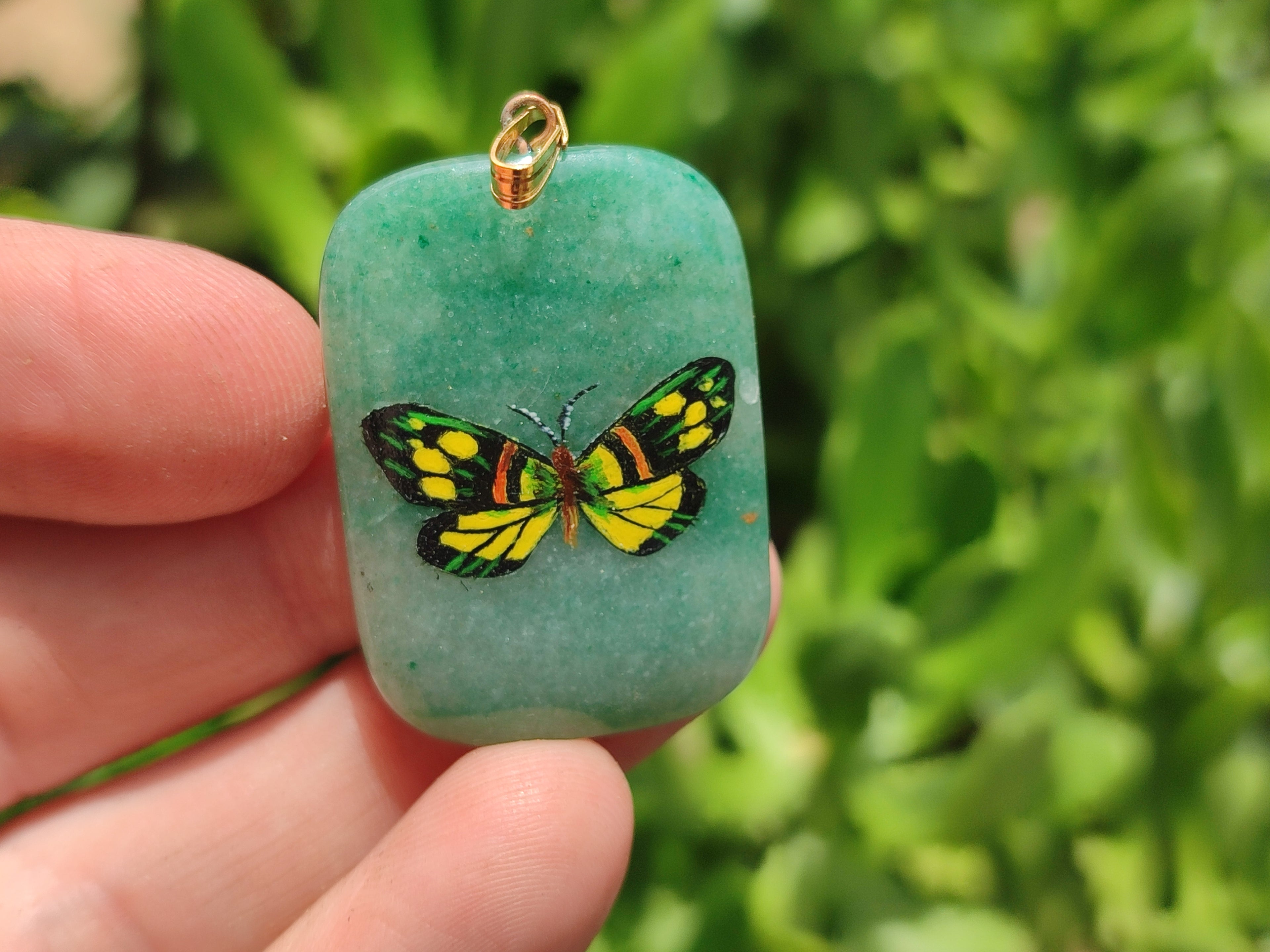 Polished Aventurine Pendant with Hand Painted Butterflies - Sold Per Item - From Zimbabwe - Toprock Gemstones and Minerals 